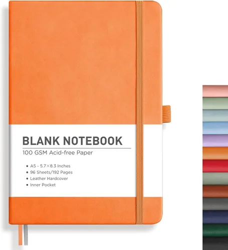 Vista 32 de RETTACY Cuaderno de diario con puntos y viñetas, 192 páginas, tamaño mediano A5 (5.7" x 8.3"), tapa dura de cuero, papel grueso de 100 gsm