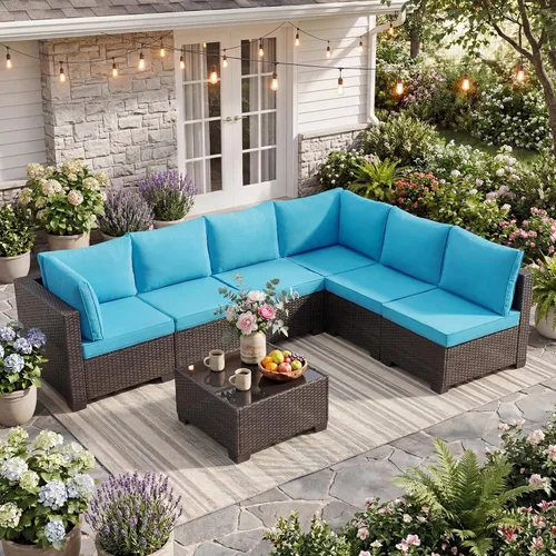 Vista 37 de ANJ Juego de muebles de mimbre para patio de 3 piezas, sofá modular de dos plazas con mesa de centro de cristal, juego de sofá de conversación