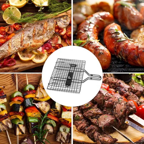 Vista 5 de UNCO- Cesta para parrilla de barbacoa, plegable, portátil, de acero inoxidable, con mango de madera extraíble y cepillo para untar, para verduras
