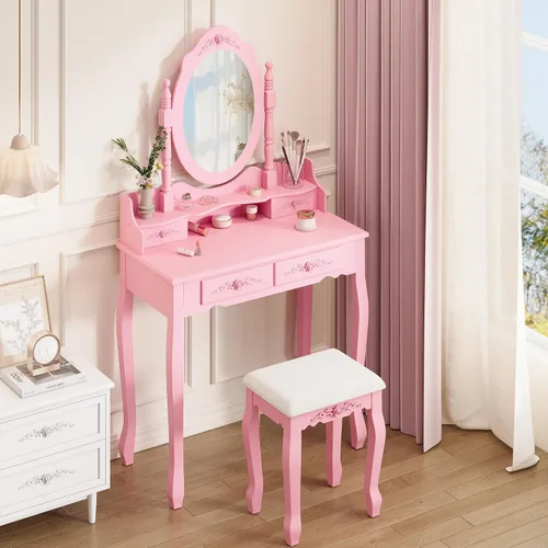 Vista 7 de Alohappy - Juego de mesa de maquillaje con espejo y taburete para niñas, mesa de maquillaje y taburete acolchado con 4 cajones, tocador de madera