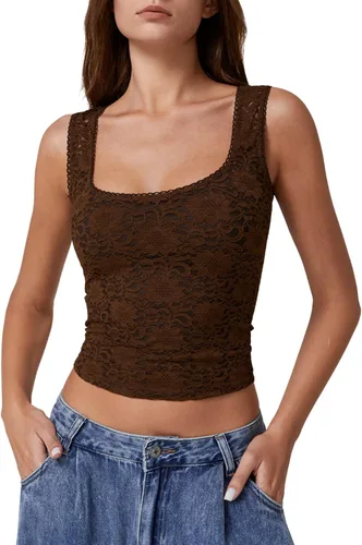 Vista 12 de QINSEN Camiseta sin mangas de doble capa con cuello cuadrado y ribete de encaje para mujer Amarillo claro