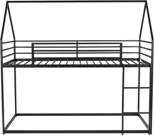 Vista 4 de Litera de casa individual sobre cama individual con escalera convertible integrada, diseño de casa de juegos de dormitorio, marco de cama de metal