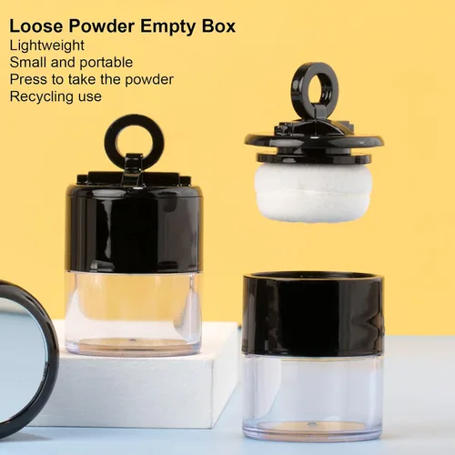 Vista 2 de Caja de polvo vacía, 0.35 oz/0.34 onzas, color negro, mini caja de polvo suelta recargable con soplo de polvo y tamizador, cajas de polvo cosmético
