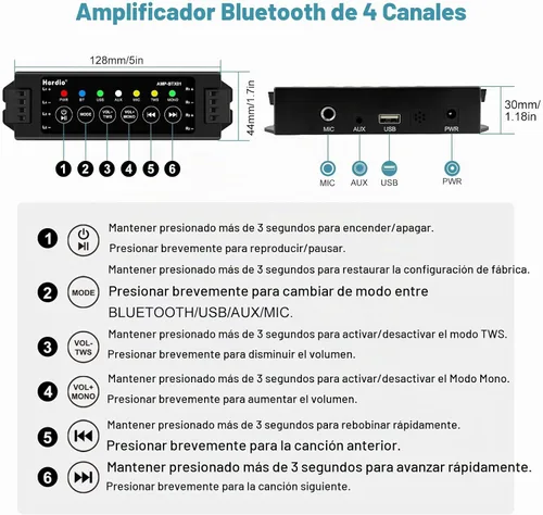 Vista 6 de Herdio Amplificador Bluetooth de 4 canales, adaptador 19V3A para aplicación y control remoto con memoria de apagado, Bluetooth 5.0/USB/MIC/AUX/TWS