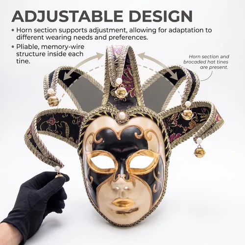 Vista 4 de Máscara de bufón, máscara veneciana de cara completa, máscaras para hombre con patrones dorados y campanas, color rojo Negro