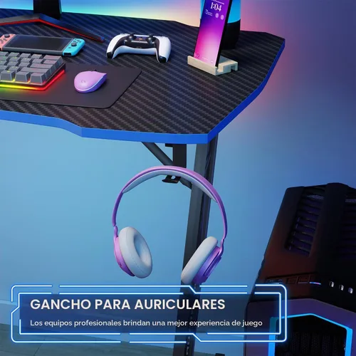 Vista 5 de PayLessHere Mesa de Juegos de 35" Azul Escritorio de Computadora en Forma de Z con Marco de Acero, Gancho para Auriculares, Pies Ajustables