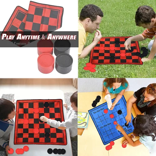 Vista 5 de Win SPORTS Juego de damas gigantes 3 en 1, Super Tic Tac Toe, incluye alfombra reversible con 24 damas, actividad interior y exterior para niños