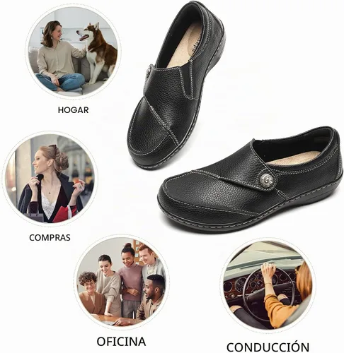 Vista 4 de Geoeleph - Mocasines de cuero para mujer, cómodos, planos, para caminar, con cordones, informales Negro
