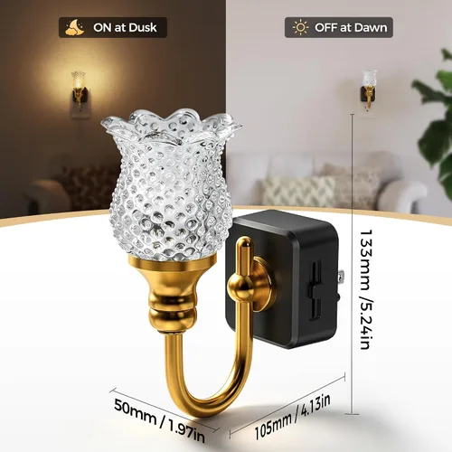 Vista 2 de DORESshop Luz nocturna LED, luces nocturnas de flores puntuales enchufables a la pared, luz nocturna regulable de 0-100 lúmenes, sensor de atardecer