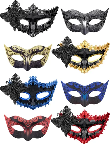 Vista 10 de SIQUK Juego de 8 máscaras para parejas, máscara veneciana para disfraz
