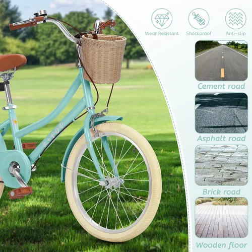 Vista 5 de Bicicleta para niñas con canasta, bicicleta de crucero retro de 20 pulgadas para niños de 7 a 13 años, bicicleta para niños grandes con guardabarros