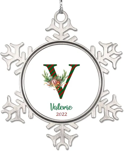 Vista 27 de Monograma inicial letra A copo de nieve, adorno de bayas de pino de Navidad para decoración de árbol de Navidad, adornos de Navidad personalizados