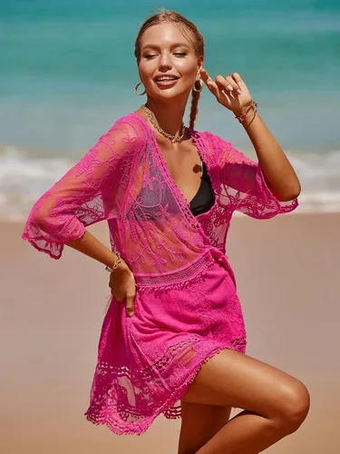 Vista 4 de MakeMeChic Vestido de playa de manga corta para mujer, salida de baño