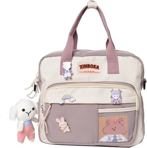 Vista 3 de BXCNCKD Mochila Kawaii linda con alfileres y colgante de felpa, bolsa de hombro para niña para la escuela y viajes (negro)