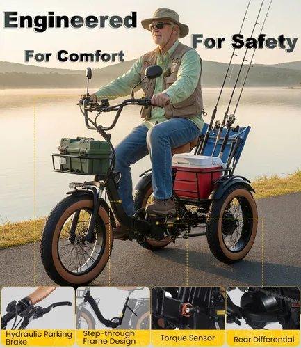 Vista 7 de KAKIGO Electric Tricycle for Adults,Peak 1350W Motor Etrike,48V15.6Ah Ebike,20"x4"Fat Tire Aluminum Folding Electric Trike,3-Wheel Electric