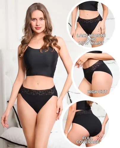 Vista 4 de RHYFF Ropa interior de algodón para mujer, bragas de encaje de corte alto Negro