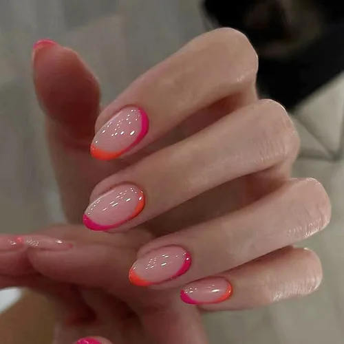 Vista 12 de IMSOHOT Uñas postizas a presión con forma de almendra, francesas, color azul medio, uñas postizas degradadas con purpurina con diseños de diamantes