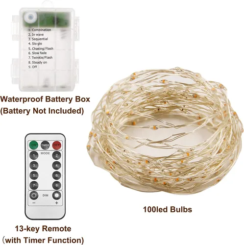 Vista 6 de Twinkle Star, 5 pulgadas para interior y exterior, luces LED en guirnalda operadas por batería, impermeables con control remoto, temporizador y 8