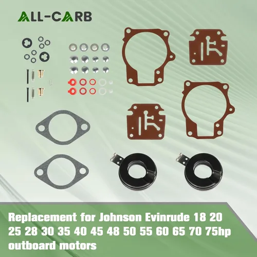 Vista 2 de ALL-CARB Paquete de 2 kits de reparación de carbohidratos con flotador de repuesto para Johnson Evinrude 396701 18 20 25 28 30 35 40 45 48 50 55 60