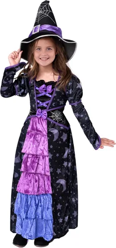 Vista 4 de Spooktacular Creations - Disfraz de bruja morado de Halloween para niña, con estrellas y luna para jugar y actuar