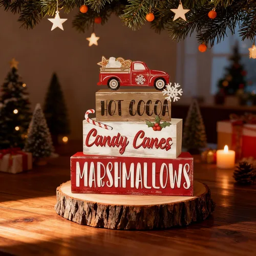 Vista 2 de 4 piezas de decoraciones navideñas para interiores - Decoración de mesa de camión de madera para el hogar - Centro de mesa navideño para la mesa