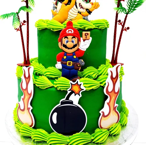 Vista 3 de Mario Cake Topper con Mario, Bowser y accesorios decorativos (diseño único)