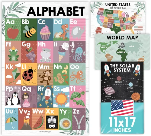 Vista 10 de Hadley Designs 4 carteles del alfabeto, mapa de Estados Unidos, mapa del mundo y sistema solar, gráficos ABC laminados para decoración de pared