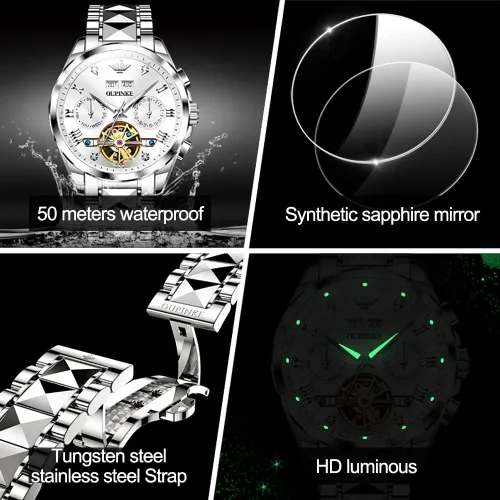 Vista 6 de OUPINKE Relojes para hombre con esqueleto automático de cuerda automática, reloj de pulsera, resistente al agua, tungsteno luminoso