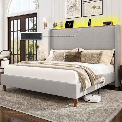 Vista 10 de Base de cama tamaño Queen con luces LED y estación de carga, base de cama de plataforma tapizada de lino con cabecera de 51.2 pulgadas de alto tipo
