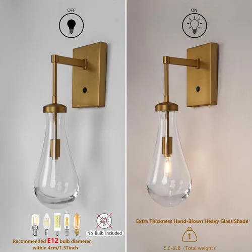 Vista 4 de HuisMier Apliques de Pared de Latón en Forma de Gota de Lluvia, Apliques de Pared Interiores con Interruptor de Encendido/Apagado, Lámpara de Pared
