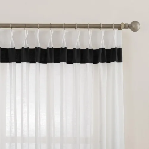 Vista 2 de Cortinas traslúcidas para ventana de 45 pulgadas de largo, paneles de cortinas traslúcidas semi plisadas blancas con borde negro, 26 pulgadas