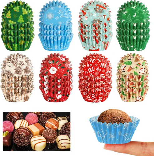 Vista 9 de AUGSUN 800 piezas de mini moldes para cupcakes de Navidad, envolturas para cupcakes con diseños de Santa, muñeco de nieve, bosque, moldes mini
