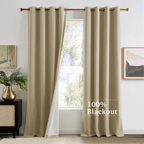 Vista 2 de NICETOWN Cortinas de terciopelo beige 100% opacas de 84 pulgadas de largo, 52 pulgadas de ancho, 2 paneles para dormitorio y sala de estar, cortinas