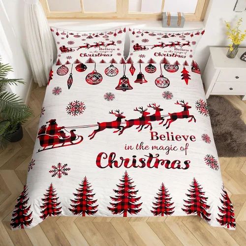 Vista 16 de Juego de ropa de cama de Feliz Navidad, funda de edredón azul con árbol de Navidad para niñas y niños, elegante funda de edredón de copo de nieve