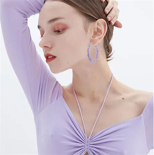 Vista 5 de coadipress Aretes de aro de lentejuelas, bohemios, envueltos en purpurina, chapados en oro, aretes colgantes para mujer, aretes de aro grandes