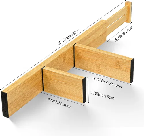 Vista 4 de EcoFives Separadores de cajones de bambú ajustables con insertos, organizador de cajones expandible con resorte para cocina, ropa, herramientas