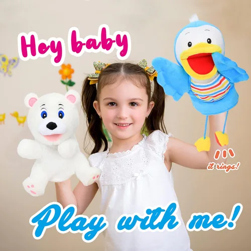 Vista 3 de Hopearl Marioneta de mano de pájaro de peluche con boca abierta y movible para juego imaginativo, juego de rol, juguete interactivo para contar