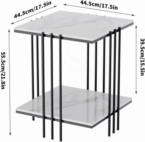 Vista 3 de Wisfor Mesa auxiliar de piedra sinterizada: mesa auxiliar de sofá blanca cuadrada de 2 niveles - Mesa de centro pequeña con marco negro - Mesita