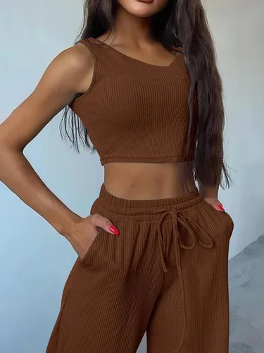 Vista 4 de YOKGO Conjunto deportivo de 3 piezas para mujer con cárdigan de punto acanalado moderno, camisetas sin mangas y pantalones de pierna ancha