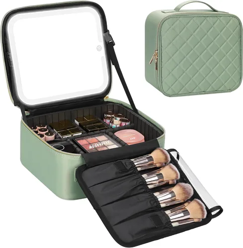 Vista 25 de Relavel Bolsa de maquillaje pequeña de viaje con espejo LED en luz de 3 01-Negro