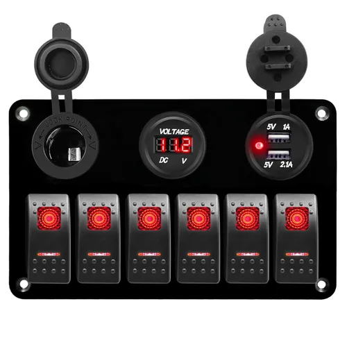 Vista 9 de FXC - Panel de interruptor basculante de barco marino de aluminio de 12 voltios, resistente al agua, 6 marchas, panel de interruptor de encendido