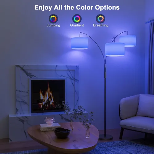 Vista 2 de SIBRILLE Lámpara de pie de arco RGB de 36 W con 3 pantallas de tela blanca, lámpara de pie súper brillante de 3000 lm con control remoto y táctil