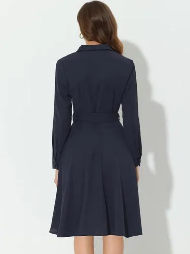 Vista 4 de Allegra K Vestido de trabajo para mujer, con cuello de solapa, cinturón y botones hasta la rodilla