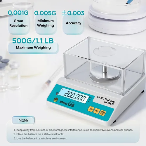 Vista 2 de Báscula de laboratorio 500g, 0.001g Balanza analítica electrónica de alta precisión g/lb/oz/dw/ct/dr Báscula científica de laboratorio