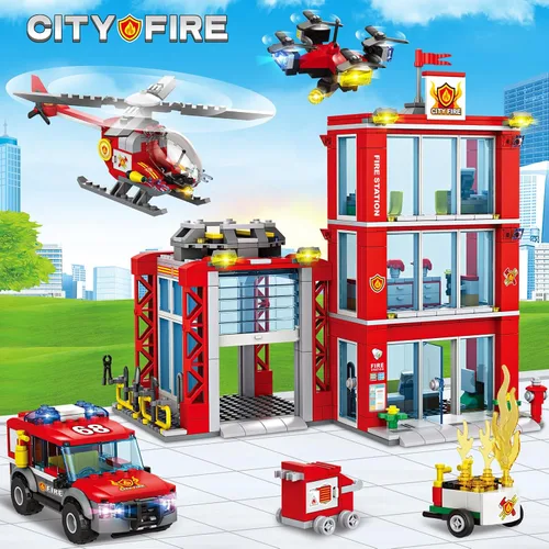 Vista 2 de Juego de bloques de construcción de estación de bomberos de la ciudad con camión de bomberos, helicóptero de rescate de incendios, dron y juguetes