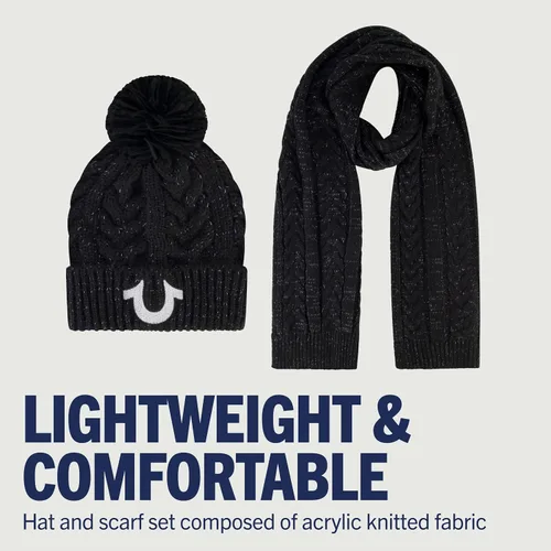 Vista 4 de True Religion Conjunto de gorro y bufanda para mujer, gorro de punto con puños de invierno con pompón de cable lúrex y gorro de bufanda