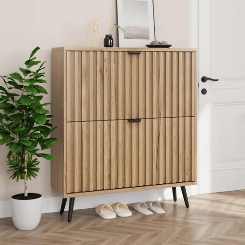 Vista 11 de Smuxee Armario de zapatos con 2 cajones abatibles, gabinete de almacenamiento de zapatos oculto natural de 23.6 pulgadas con diseño estriado