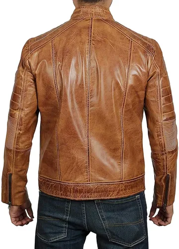 Vista 2 de Blingsoul Leather Jacket Men - Distressed Cafe Racer Leather Motorcycle Jacket Men