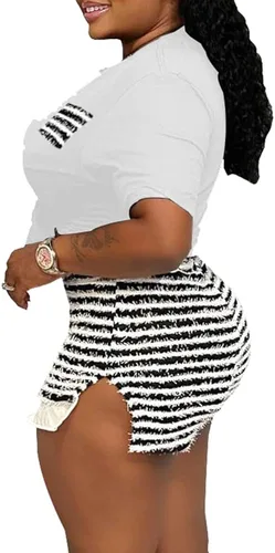 Vista 4 de Hoibmasp Conjunto de 2 piezas para mujer, sexy, de verano, con pantalones cortos a rayas