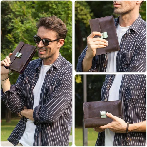 Vista 3 de Funda de piel de grano superior para hombre y mujer, múltiples bolsillos/ranuras, RFID de gran capacidad para tarjetas, cheques, dinero, pasaporte